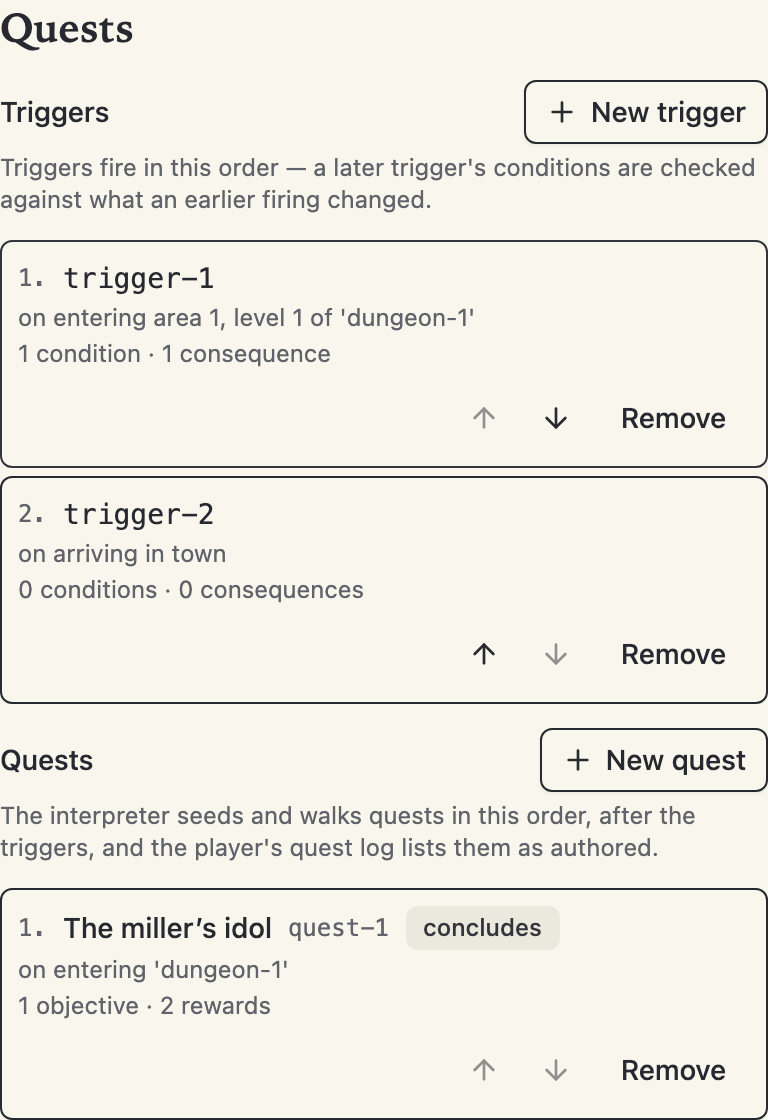 The quests section's trigger list: numbered rows in firing order, each with its pattern summary, counts, reorder buttons, and remove