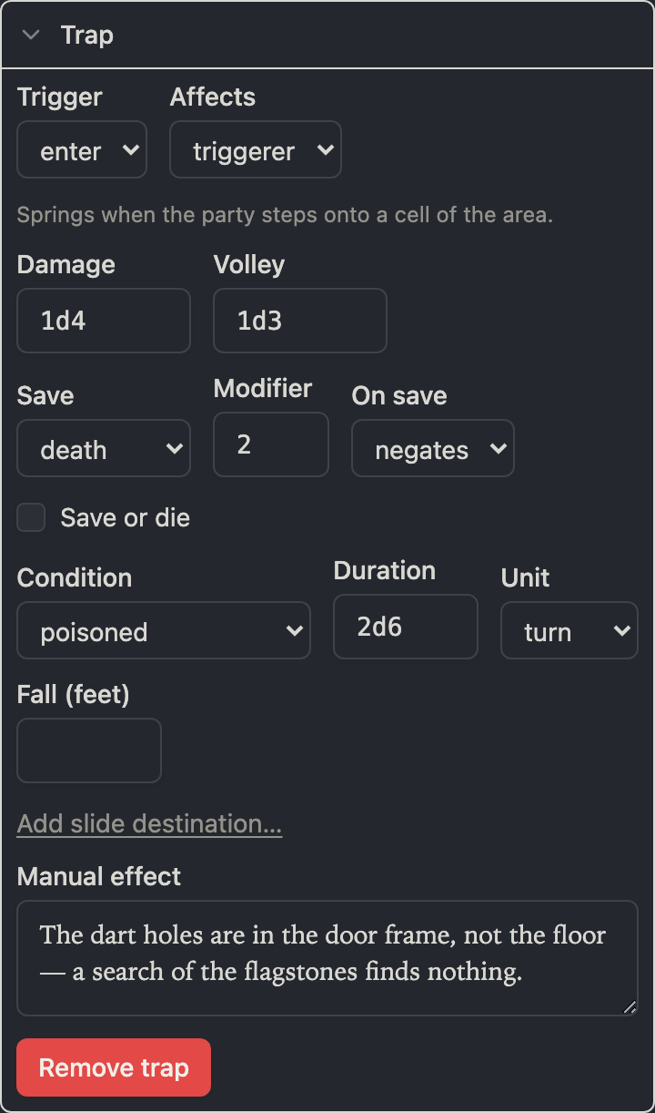 The expanded trap card for a poisoned dart volley: the trigger select on enter beside the affects select with the springing action named beneath, 1d4 damage with a 1d3 volley, a death save at modifier 2 that negates, save or die unticked, the poisoned condition with a duration of 2d6 turns, an empty fall field, and a manual-effect note about the dart holes being in the door frame