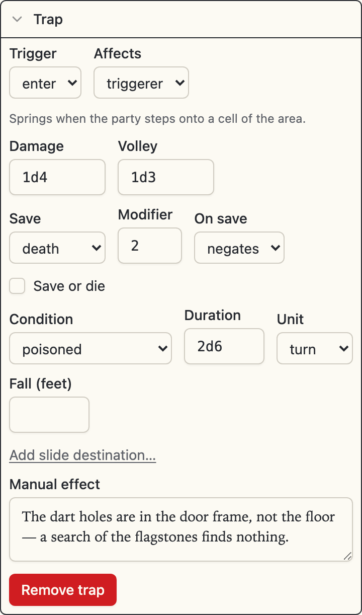 The expanded trap card for a poisoned dart volley: the trigger select on enter beside the affects select with the springing action named beneath, 1d4 damage with a 1d3 volley, a death save at modifier 2 that negates, save or die unticked, the poisoned condition with a duration of 2d6 turns, an empty fall field, and a manual-effect note about the dart holes being in the door frame