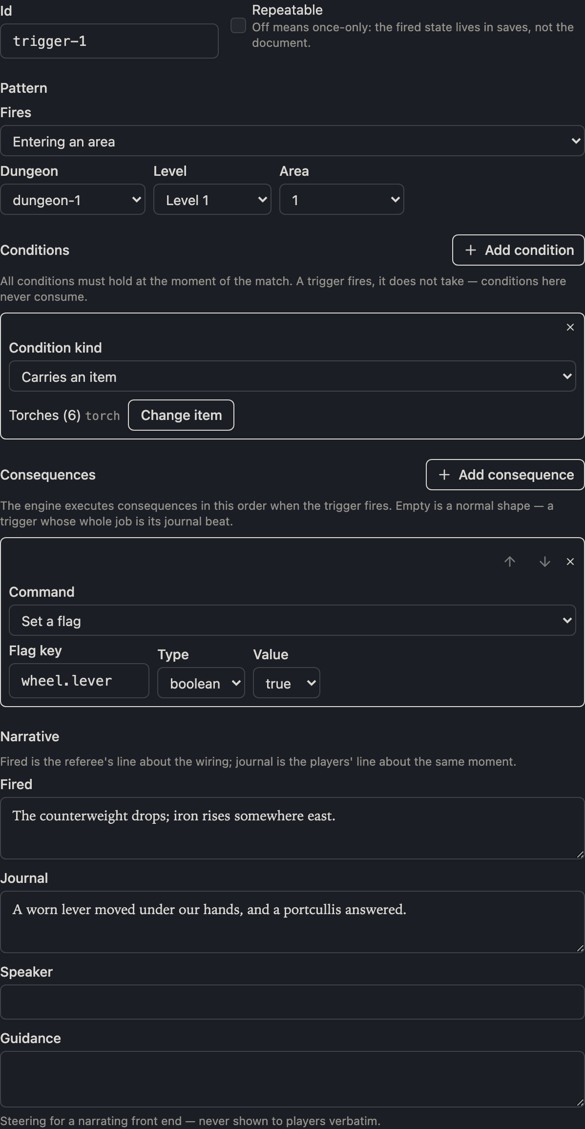 The trigger detail editor: the pattern, conditions, and the consequence builder