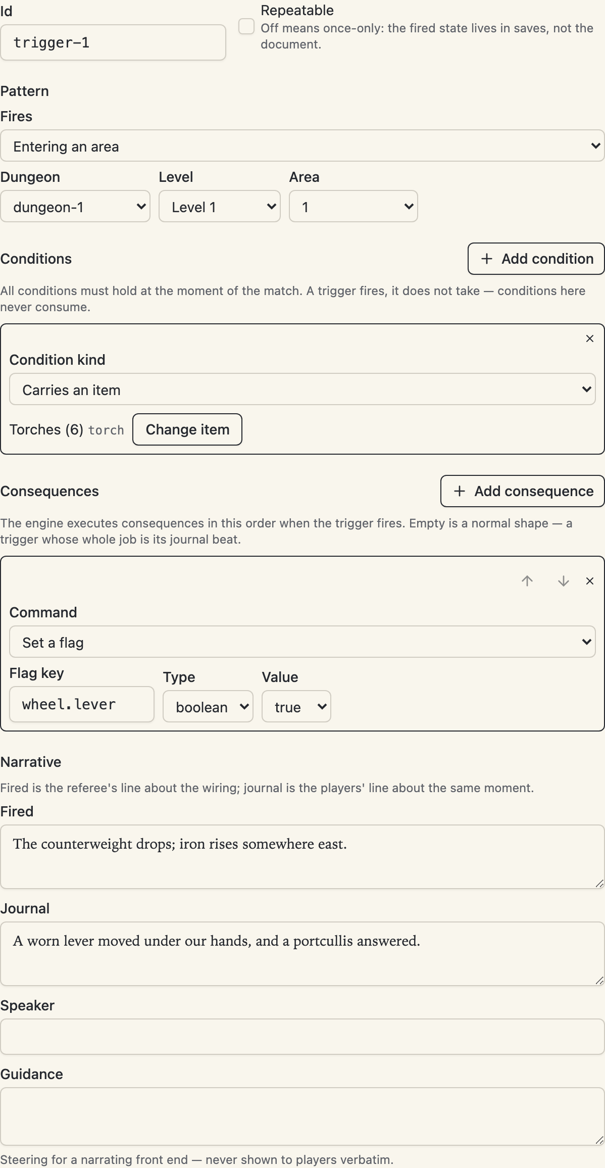 The trigger detail editor: the pattern, conditions, and the consequence builder
