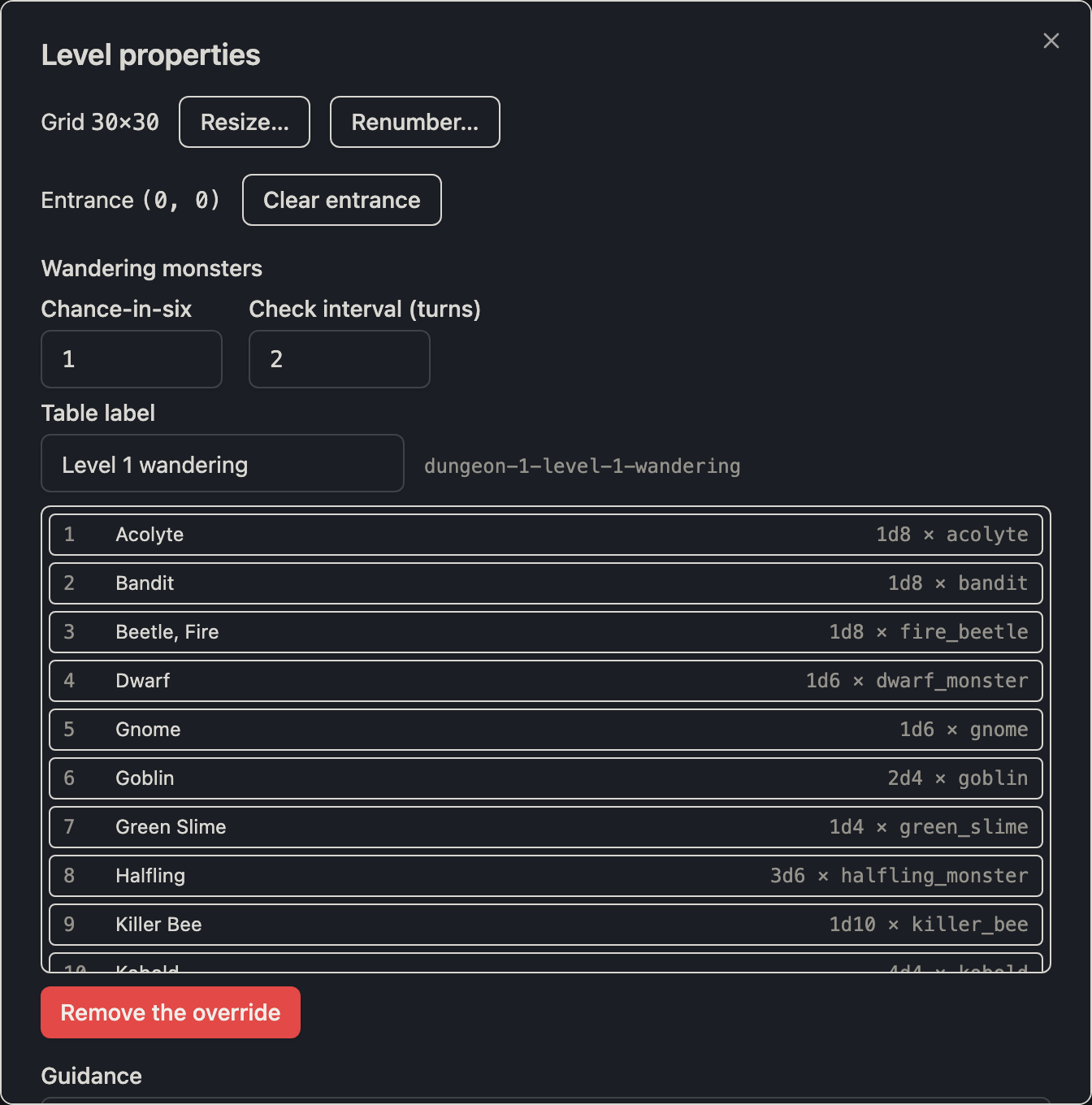 The level properties dialog with the inline d20 wandering-monster table