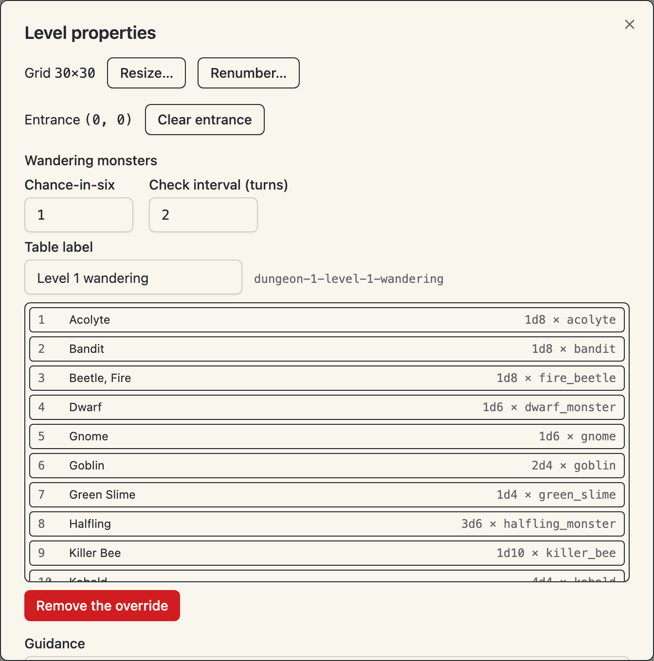 The level properties dialog with the inline d20 wandering-monster table